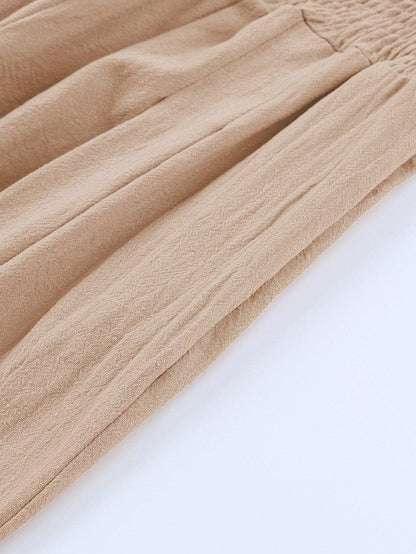 Khaki Smocked Wide Waistband High Waist Wide Leg Pants