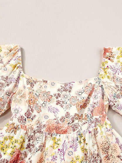 Khaki Square Neck Mini Dress with Floral Print
