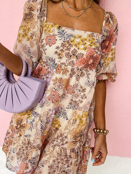 Khaki Square Neck Mini Dress with Floral Print