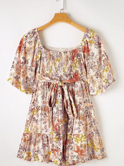 Khaki Square Neck Mini Dress with Floral Print