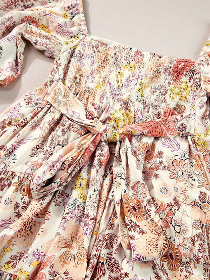 Khaki Square Neck Mini Dress with Floral Print
