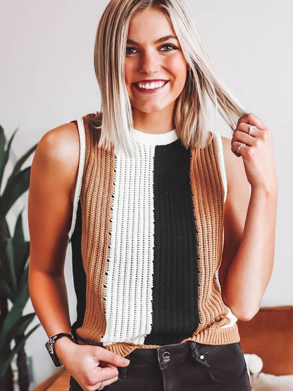 Khaki Striped Colorblock Knit Sleeveless Sweater Vest