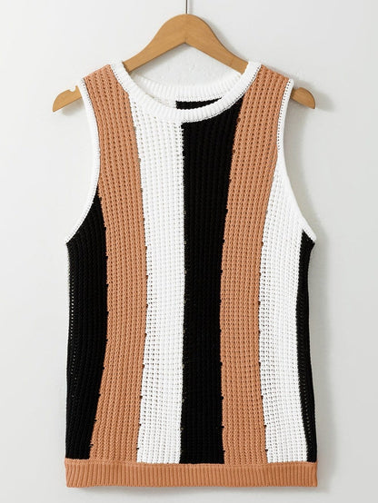 Khaki Striped Colorblock Knit Sleeveless Sweater Vest