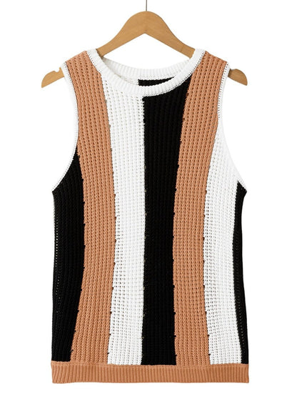 Khaki Striped Colorblock Knit Sleeveless Sweater Vest