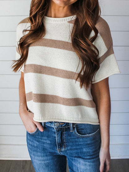 Khaki Striped Drop Shoulder Casual Knit Top