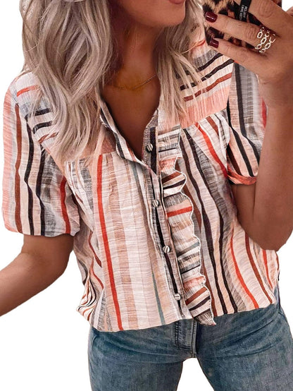 Khaki Striped Frill Detail Multicolor Shirt