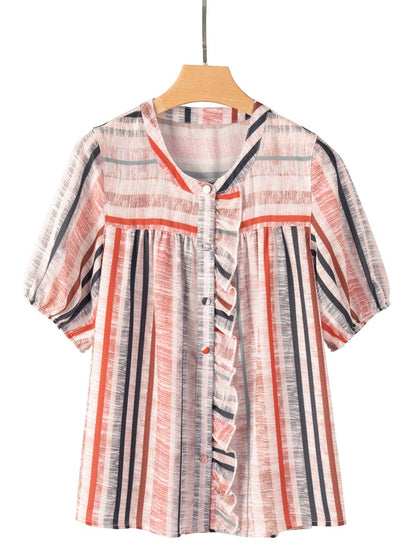 Khaki Striped Frill Detail Multicolor Shirt