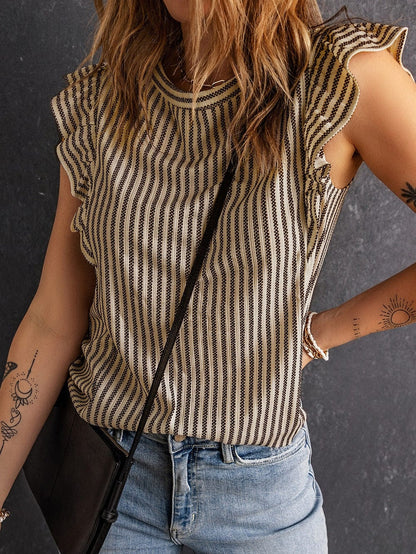 Khaki Striped Ruffled Crew Neck Tank Top