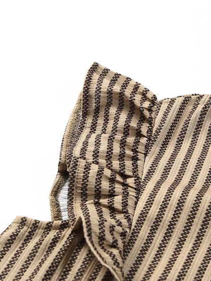 Khaki Striped Ruffled Crew Neck Tank Top
