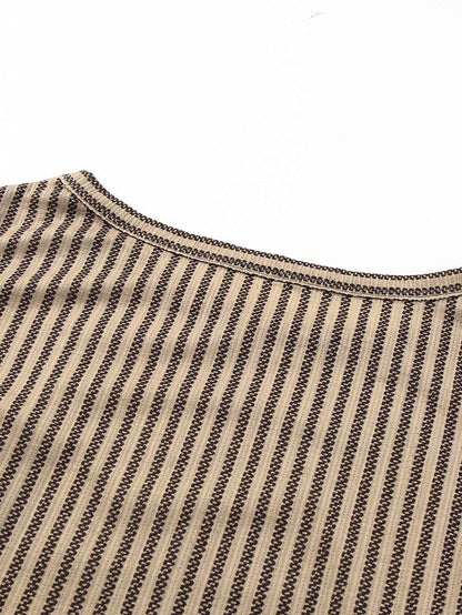 Khaki Striped Ruffled Crew Neck Tank Top