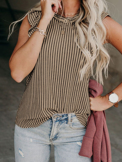 Khaki Striped Ruffled Crew Neck Tank Top