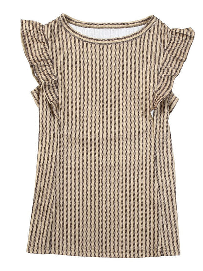 Khaki Striped Ruffled Crew Neck Tank Top