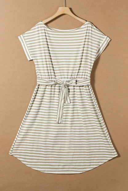 Khaki Striped Short Sleeve High Waist T-Shirt Dress with Wrapped Hemline