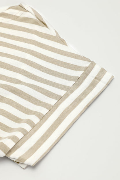 Khaki Striped Short Sleeve High Waist T-Shirt Dress with Wrapped Hemline