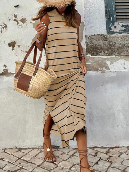 Khaki Striped Sleeveless Maxi Dress with Open Back and Side Slits