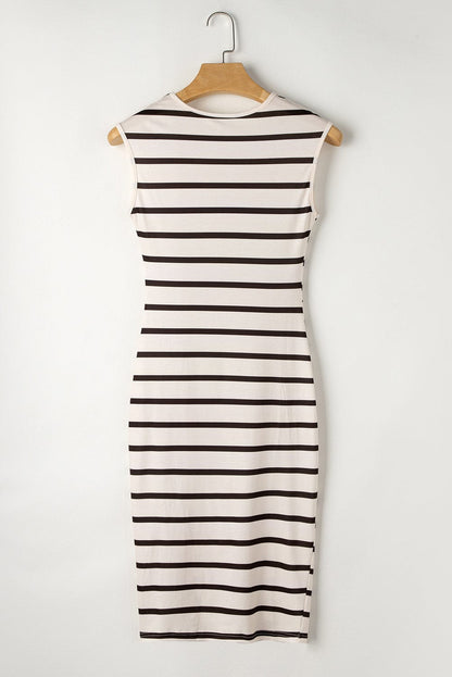 Khaki Striped Twist Detail Split Thigh Midi Dress