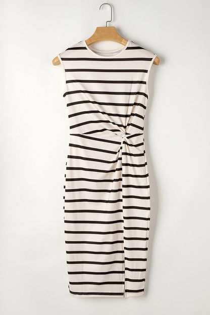 Khaki Striped Twist Detail Split Thigh Midi Dress