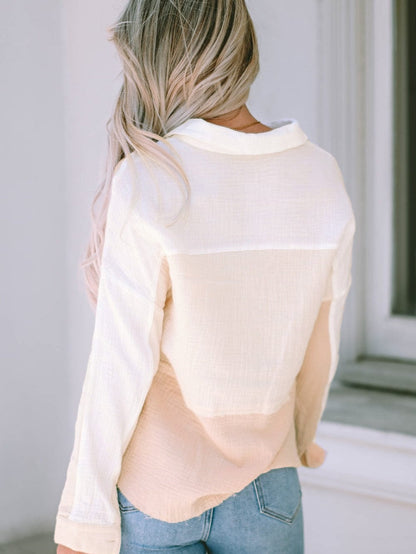 Khaki Textured Button-Up Shirt with Raw Hem and Color Detail