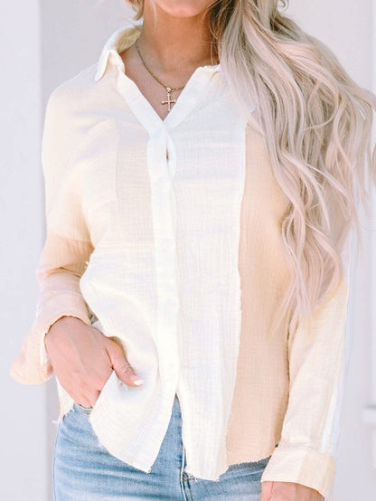 Khaki Textured Button-Up Shirt with Raw Hem and Color Detail