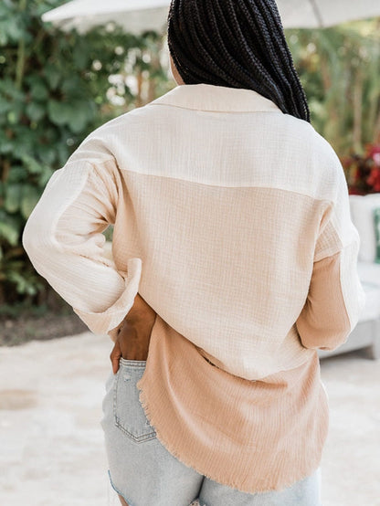 Khaki Textured Button-Up Shirt with Raw Hem and Color Detail