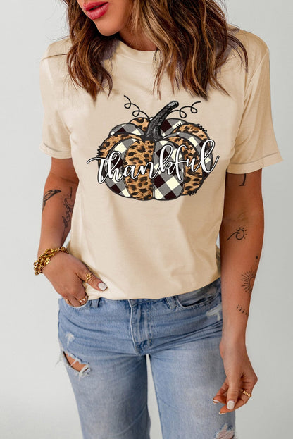 Khaki Thankful Pumpkin Graphic Tee with Plaid and Leopard Print