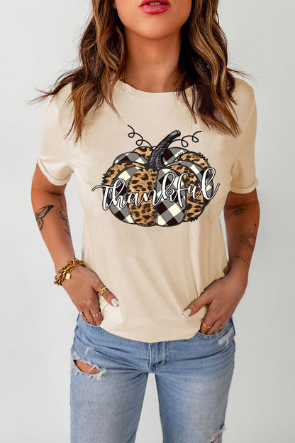 Khaki Thankful Pumpkin Graphic Tee with Plaid and Leopard Print