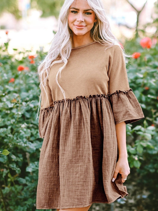 Khaki Waffle Knit Crinkle Patchwork Ruffle Hem Mini Dress