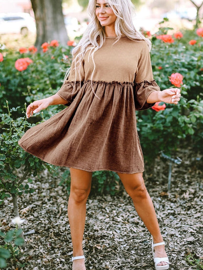 Khaki Waffle Knit Crinkle Patchwork Ruffle Hem Mini Dress
