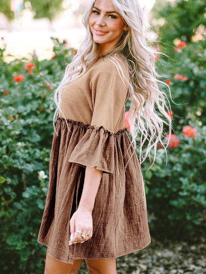 Khaki Waffle Knit Crinkle Patchwork Ruffle Hem Mini Dress