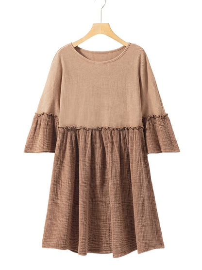Khaki Waffle Knit Crinkle Patchwork Ruffle Hem Mini Dress