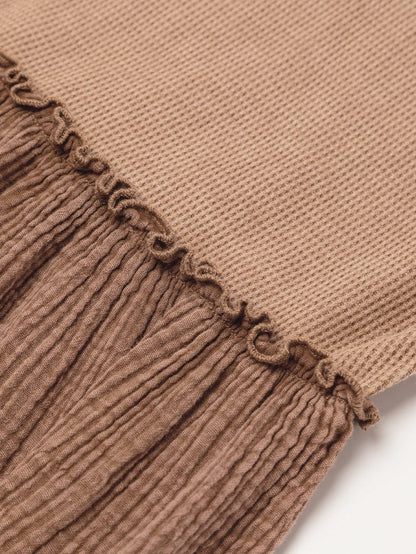 Khaki Waffle Knit Crinkle Patchwork Ruffle Hem Mini Dress