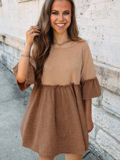 Khaki Waffle Knit Crinkle Patchwork Ruffle Hem Mini Dress