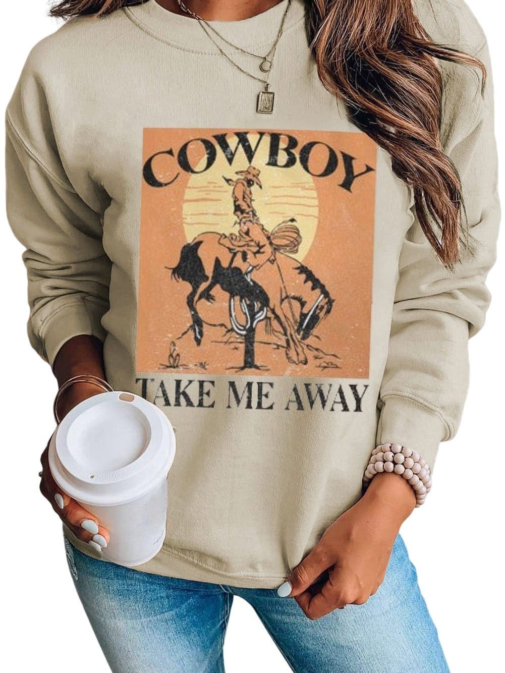 Khaki Western Escape Graphic Print Pullover Sweatshirt