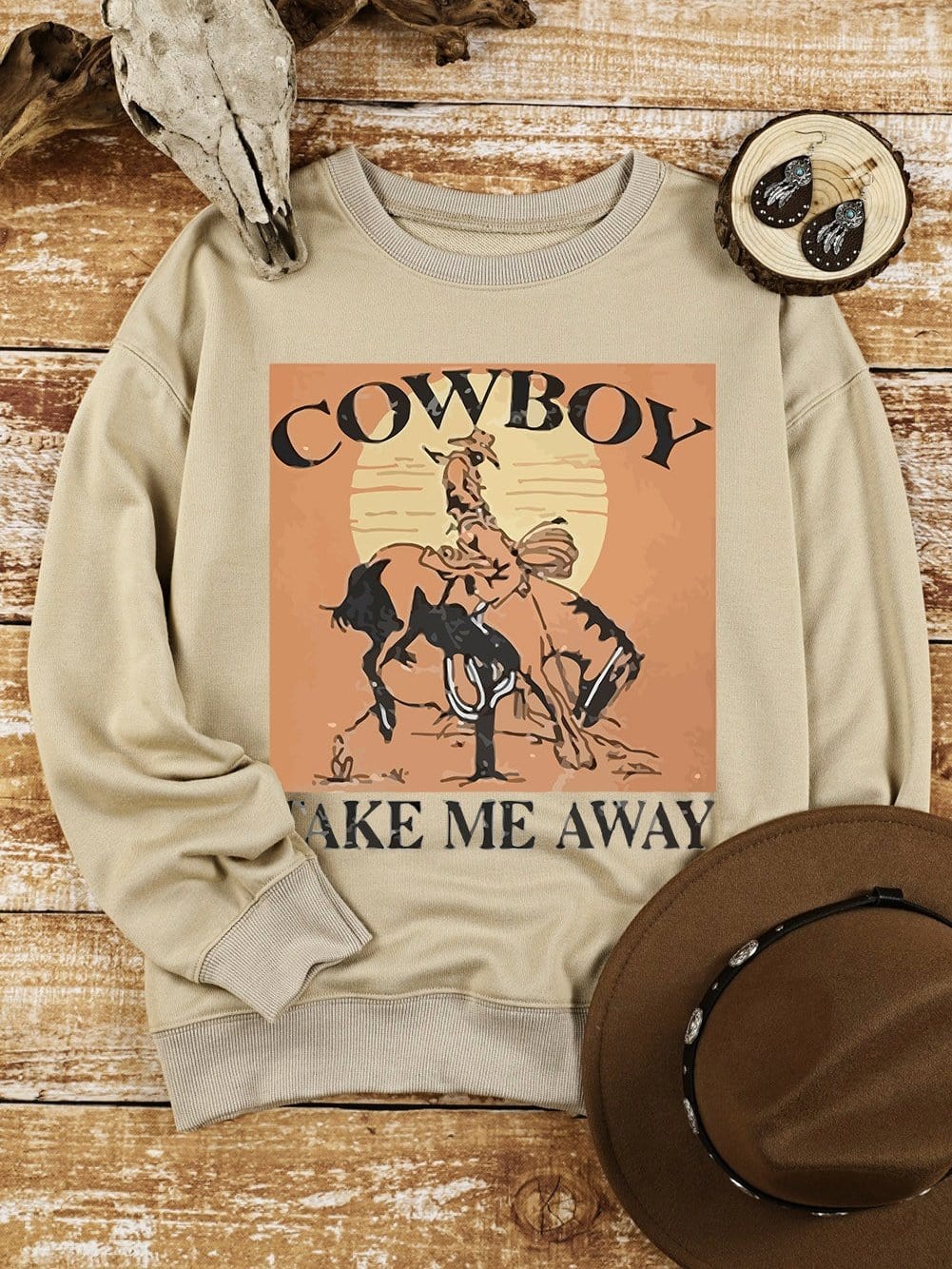 Khaki Western Escape Graphic Print Pullover Sweatshirt