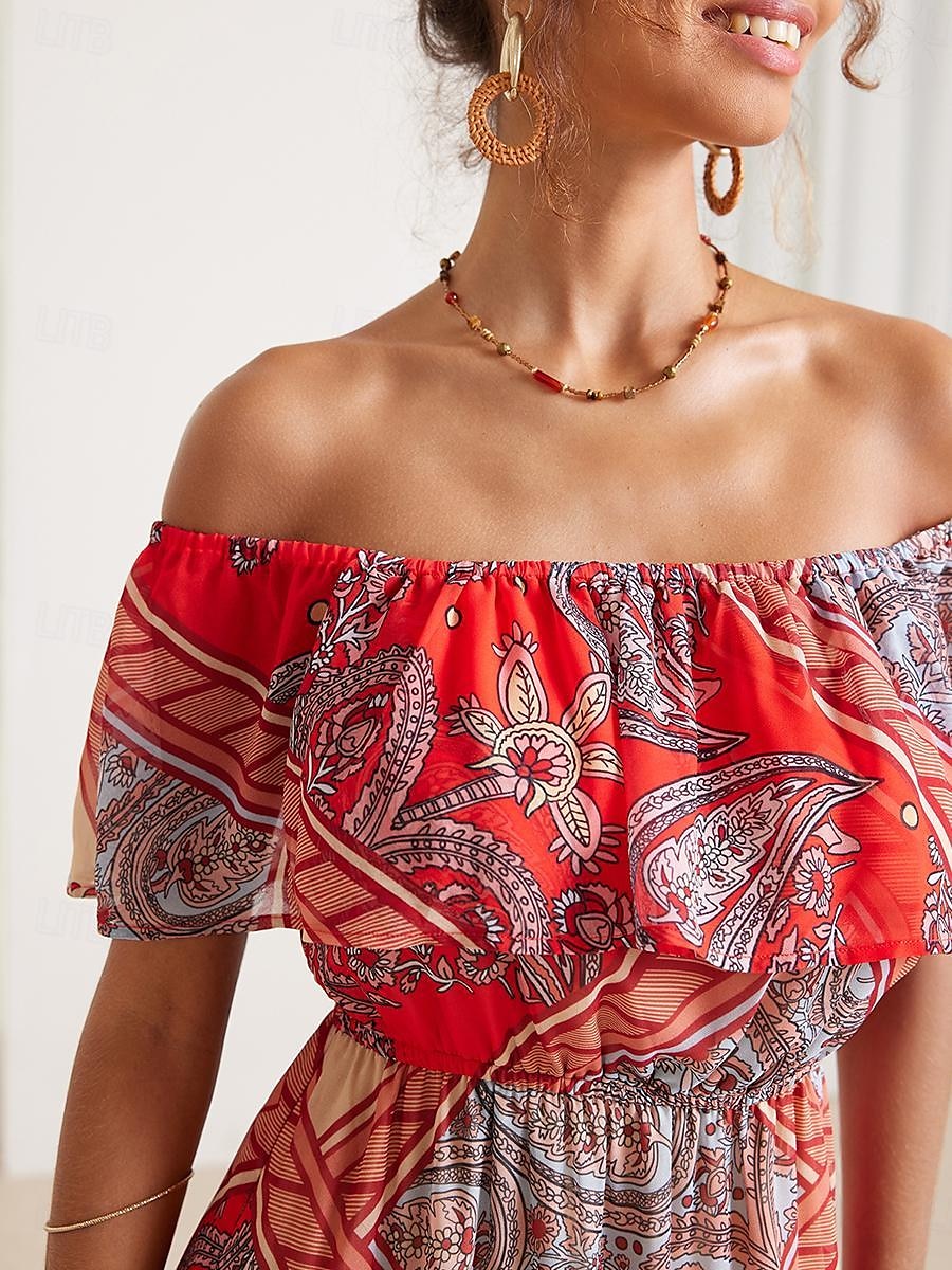 Women's Paisley Maxi Dress Off Shoulder Chiffon A Line Dress Ruffle Trim Boho Vacation Short Sleeve Summer