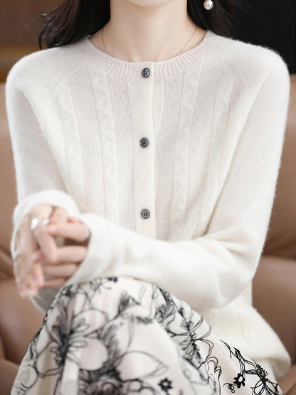 Women's Cardigan Sweater Jacket Crew Neck Cable Knit Polyester Button Knitted Fall Winter Regular Outdoor Daily Going out Streetwear Stylish Casual Long Sleeve Pure Color White Brown Apricot S M L