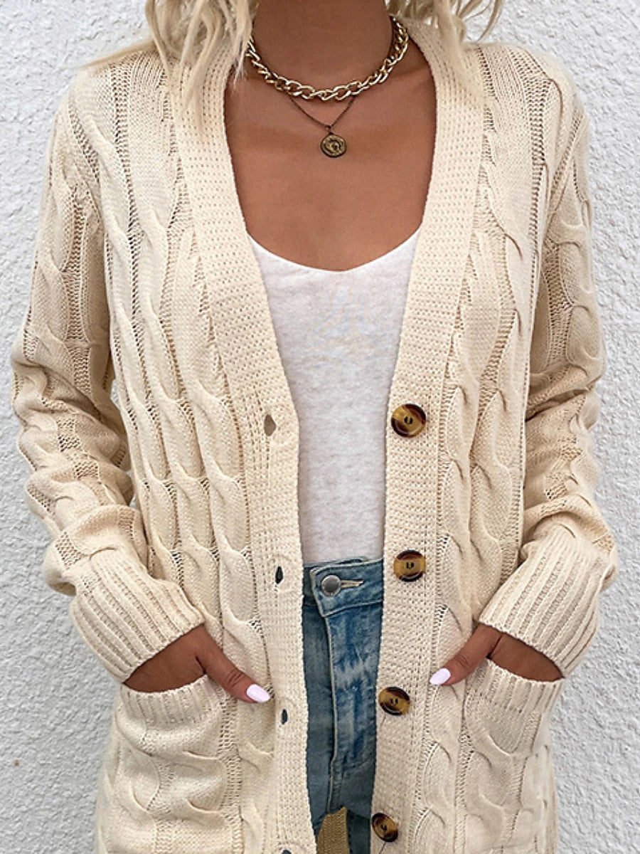 Women's Cardigan Sweater Cowl Cable Knit Faux Fur Button Pocket Summer Fall Long Daily Holiday Going out Stylish Casual Soft Long Sleeve Solid Color Black Yellow Light Green S M L