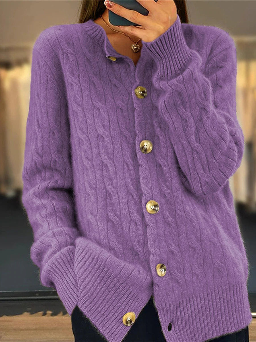 Women's Cardigan Crew Neck Cable Knit Acrylic Button Knitted Fall Winter Regular Outdoor Daily Going out Fashion Streetwear Casual Long Sleeve Solid Color White Pink Camel S M L