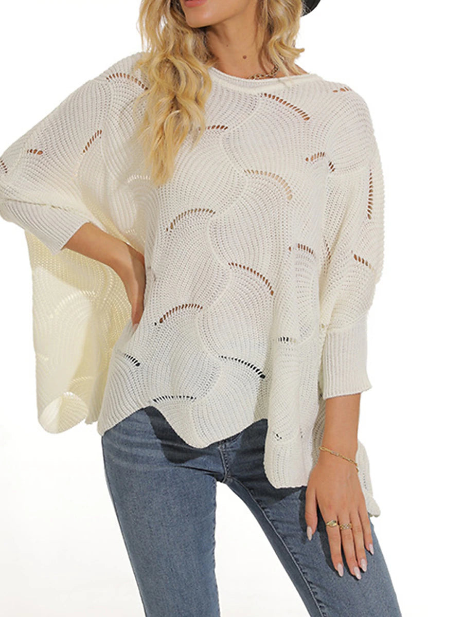 Women's Pullover Sweater Jumper Crew Neck Ribbed Knit Acrylic Hole Summer Spring Daily Going out Weekend Stylish Casual Soft 3/4 Length Sleeve Solid Color Black White Yellow S M L