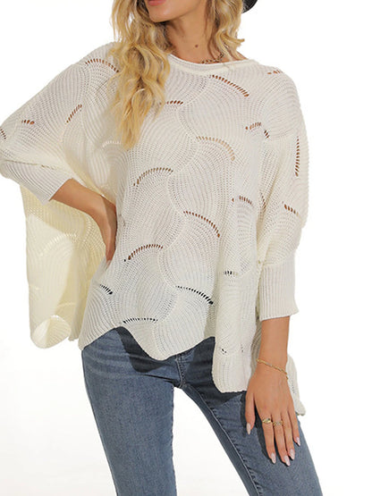 Women's Pullover Sweater Jumper Crew Neck Ribbed Knit Acrylic Hole Summer Spring Daily Going out Weekend Stylish Casual Soft 3/4 Length Sleeve Solid Color Black White Yellow S M L