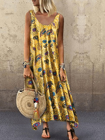 Women's Dress - Swing Dress Maxi long Dress Green Blue Khaki Red Yellow Sleeveless Print Basic Summer Deep U Hot Casual Boho Loose S M L XL XXL 3XL 4XL 5XL
