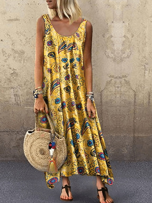 Women's Dress - Swing Dress Maxi long Dress Green Blue Khaki Red Yellow Sleeveless Print Basic Summer Deep U Hot Casual Boho Loose S M L XL XXL 3XL 4XL 5XL