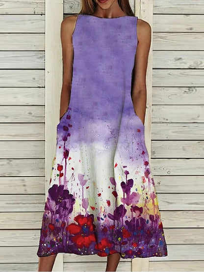 Women's Dress - A Line Dress Midi Dress Sleeveless Floral Pocket Cold Shoulder Print Spring Summer Round Neck Casual Vintage Going out 2023 S M L XL XXL Cotton