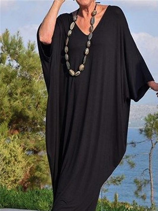 Women's Dress - Pure Color Kaftan Dress Casual Dress Swing Dress Long Dress Maxi Dress Black 3/4 Length Sleeve Fall Autumn V Neck Basic Weekend Loose Fit S M L XL XXL XXXL