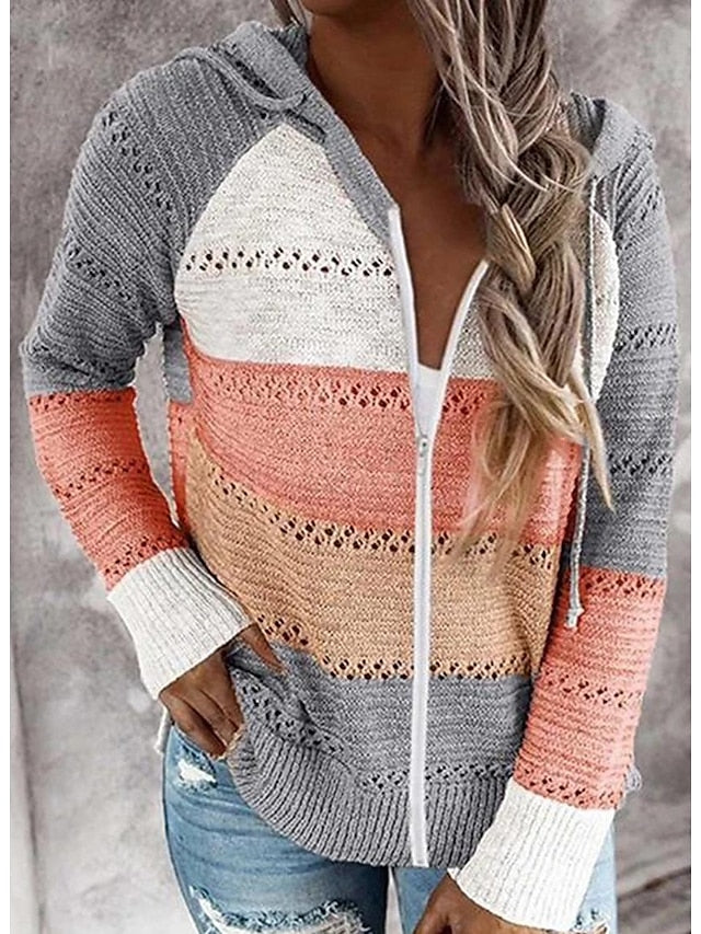 Women's Cardigan Sweater Hooded Ribbed Knit Acrylic Patchwork Zipper Hooded Spring Fall Outdoor Daily Going out Stylish Casual Soft Long Sleeve Color Block Black Pink Gray S M L