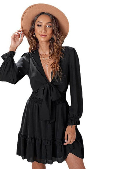 Knee-Length High-Waisted Dress with Ruffled Waist and Long Sleeves for Women