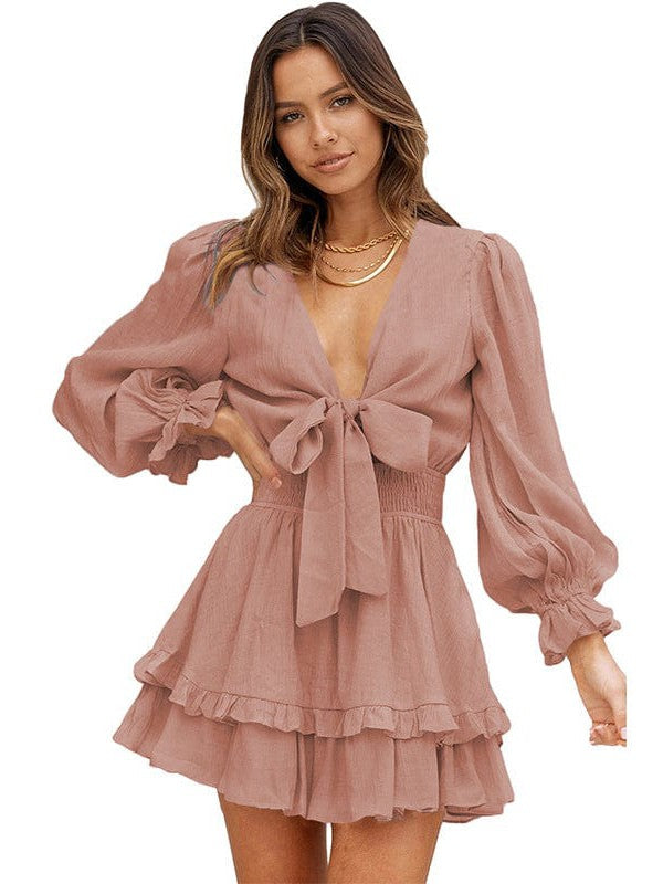 Knee-Length High-Waisted Dress with Ruffled Waist and Long Sleeves for Women