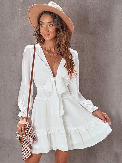 Knee-Length High-Waisted Dress with Ruffled Waist and Long Sleeves for Women
