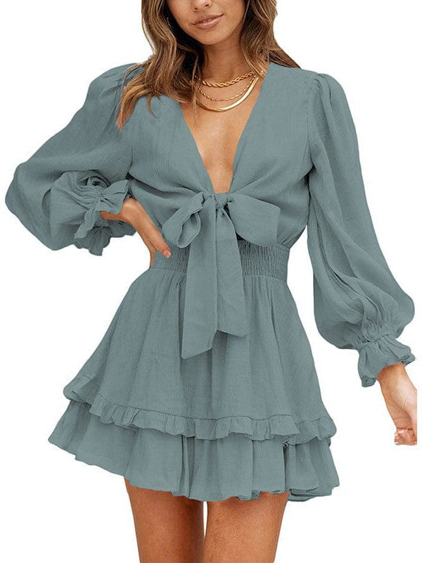 Knee-Length High-Waisted Dress with Ruffled Waist and Long Sleeves for Women