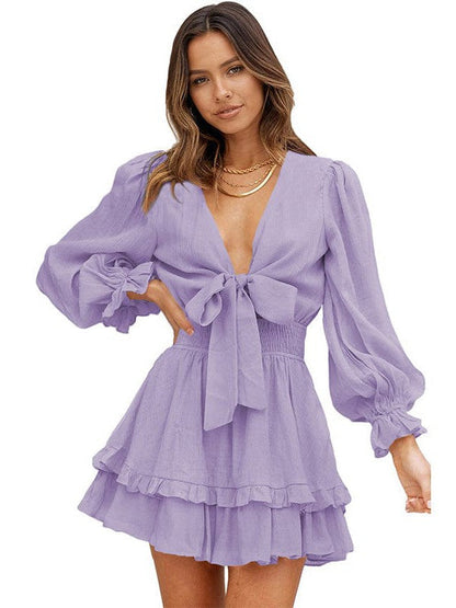 Knee-Length High-Waisted Dress with Ruffled Waist and Long Sleeves for Women